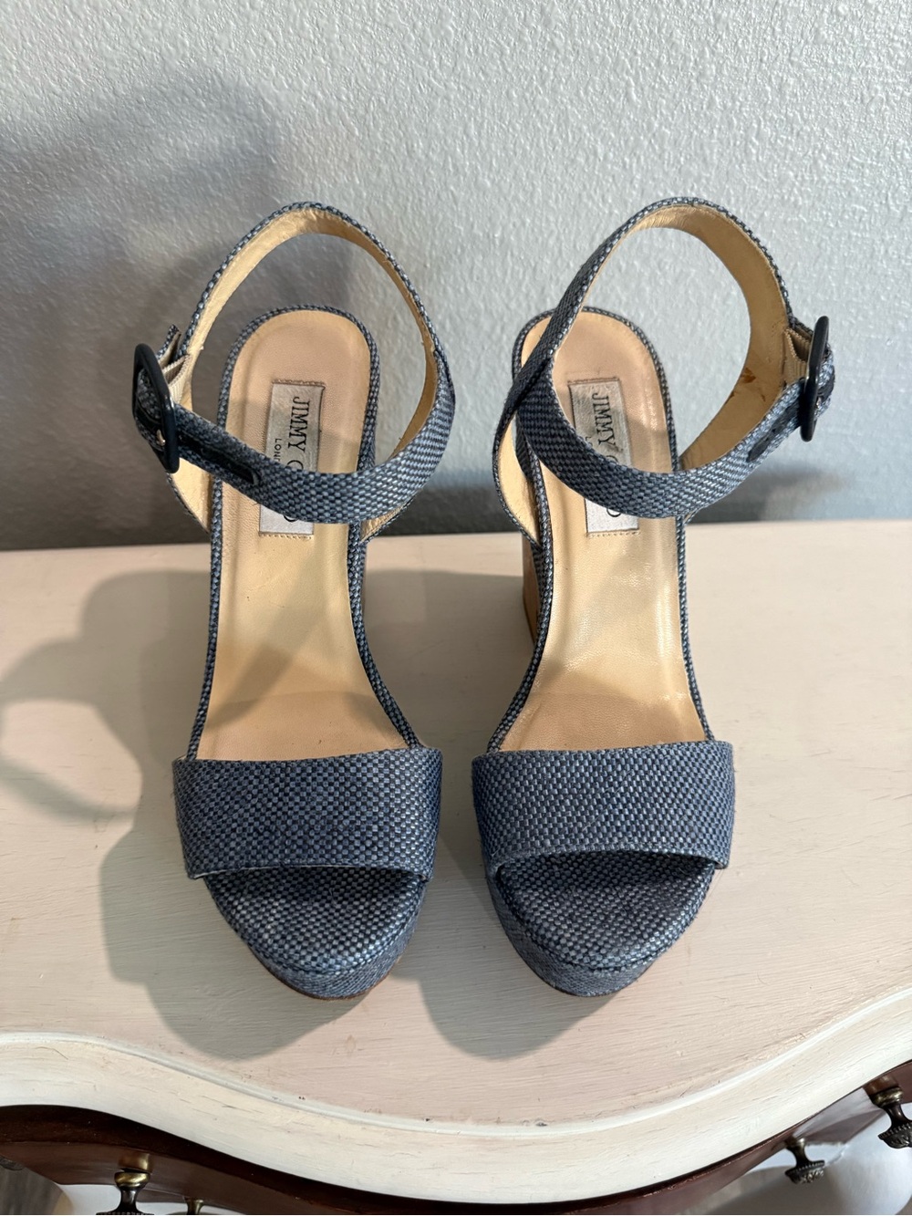 Jimmy Choo Denim-Textured Navy Platform Sandals with Ankle Strap